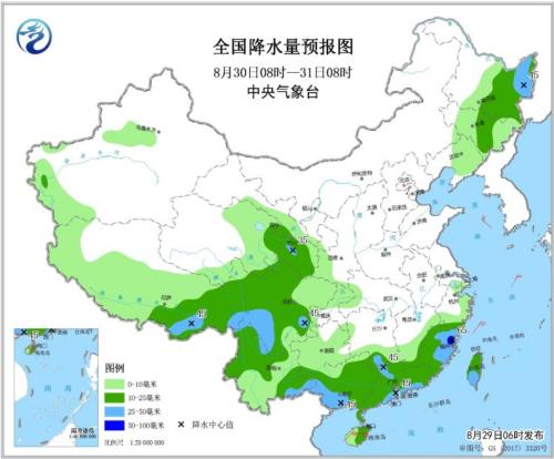 全国降水量预报图(8月30日8时-31日8时) 点击进入下一页