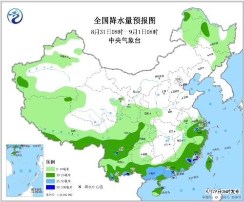 全国降水量预报图(8月31日8时-9月1日8时) 点击进入下一页